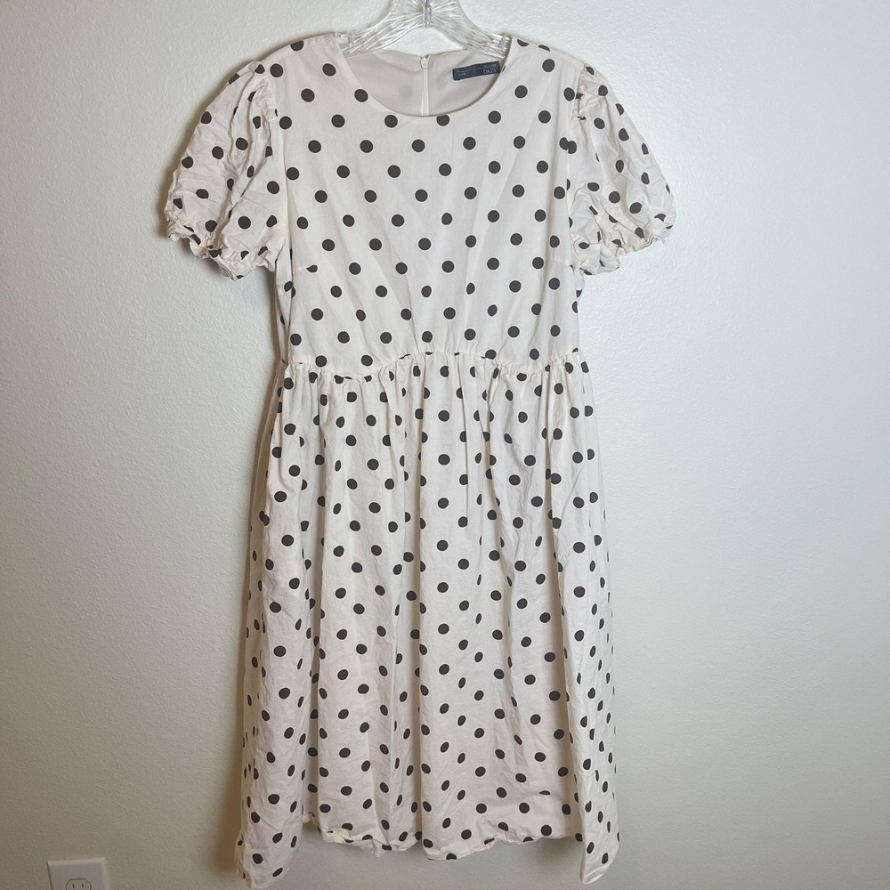 DAZY Womens Polka Dot Dress‎ Midi Puff Sleeve Elastic Waist Cotton Size M